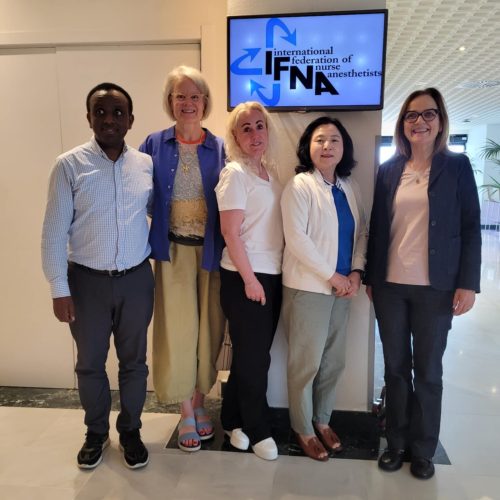 From left to right: Etienne Nsereko, RNA, Ph.D - Rwanda, Rebecca Madsen DNP, CRNA, APRN - USA, Ann-Chatrin Linqvist Leonardsen, RNA, Ph.D, Professor - Norway, Gye Seong Jeong CRNA, PhD - South Korea, Thorunn S. Eliasdottir, CRNA, PhD - Iceland, Chair of the Education Committee